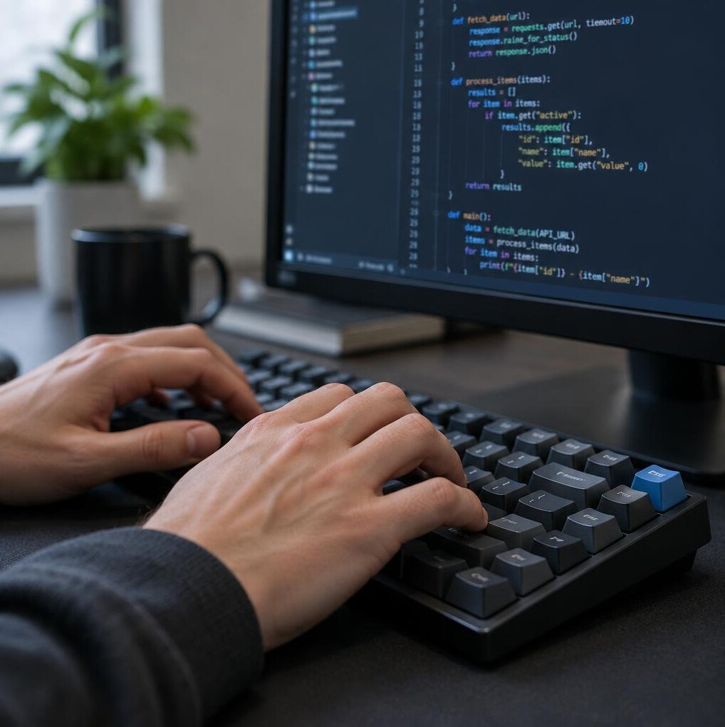 Close-up of hands typing source code on a keyboard