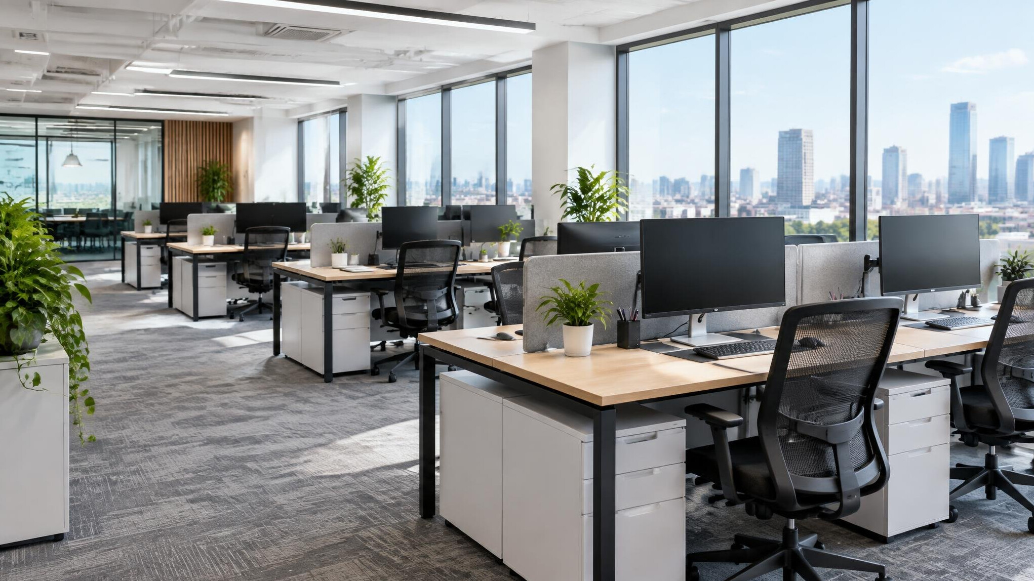 Rows of office desks with computer monitors