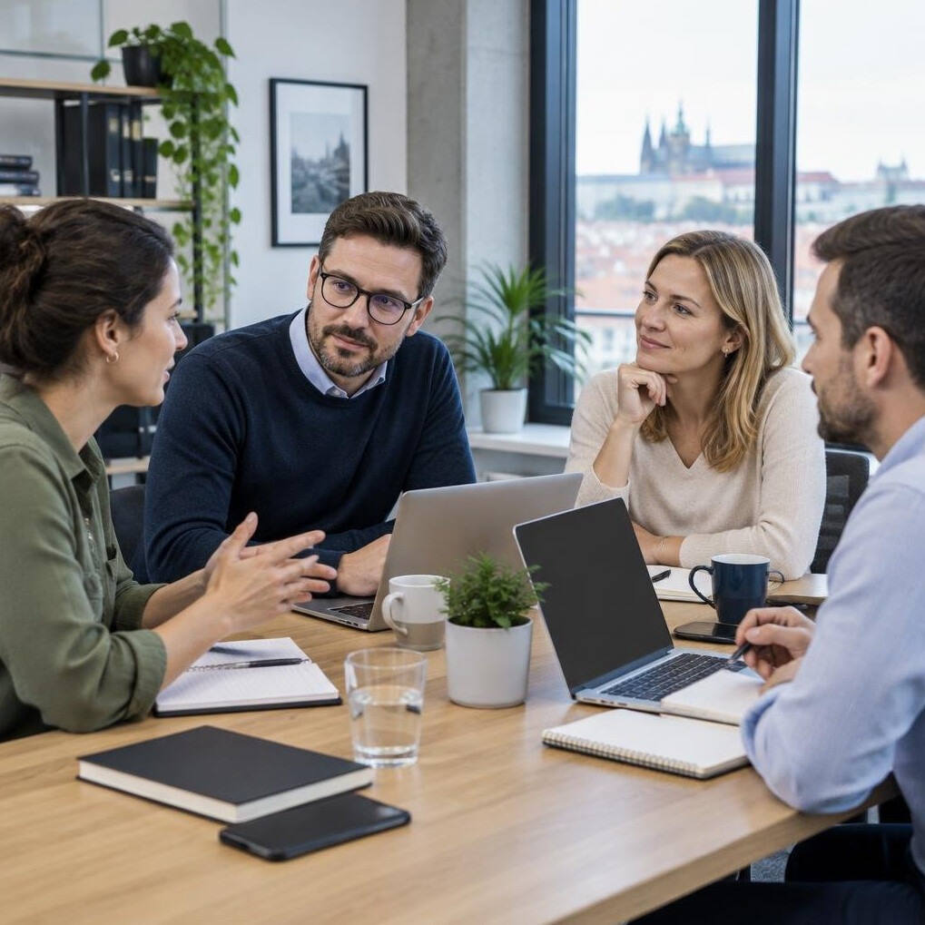 Small group of business professionals discussing at a table with laptops